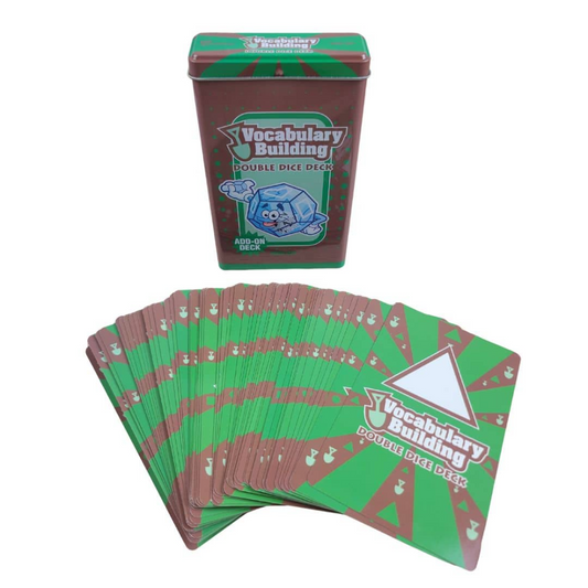 Vocabulary Building Double Dice Deck game set with a green and brown storage tin and a fan of playing cards on a white background.