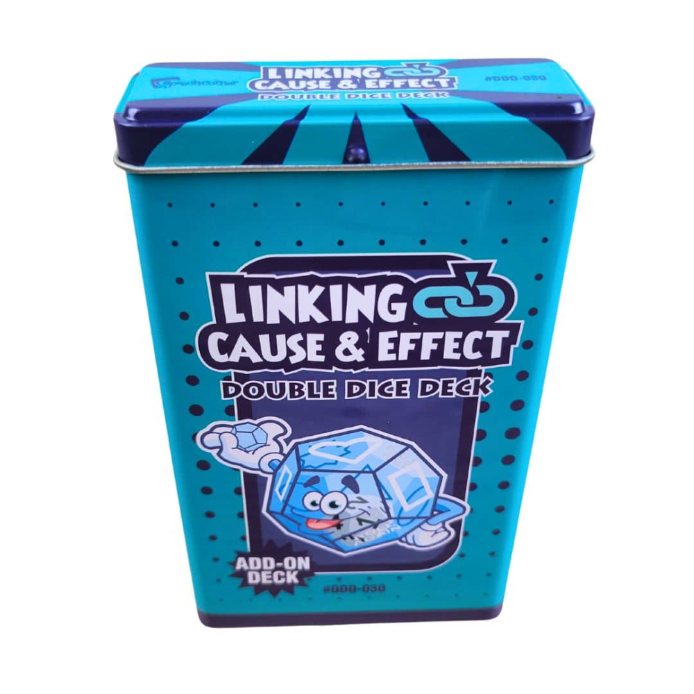 A turquoise blue metal tin for the 'Linking Cause & Effect Double Dice Deck' featuring a cartoon ice cube graphic and product branding on a white background.