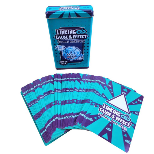 Linking Cause & Effect Double Dice Deck shown with its blue tin packaging and a fan of playing cards on a white background.