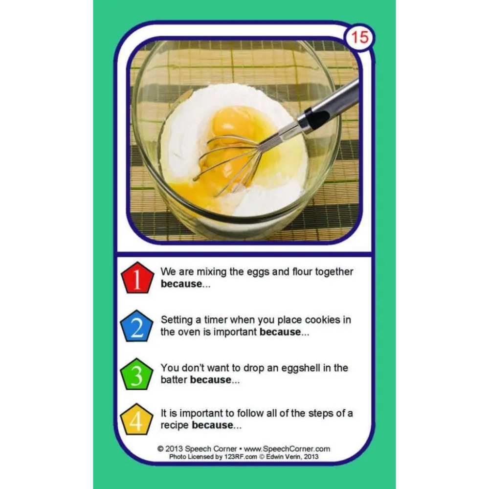 A speech therapy card featuring a recipe for cookies with four numbered steps, accompanied by a photo of eggs and flour being mixed in a bowl. The card has a green border and is shown against a white background.