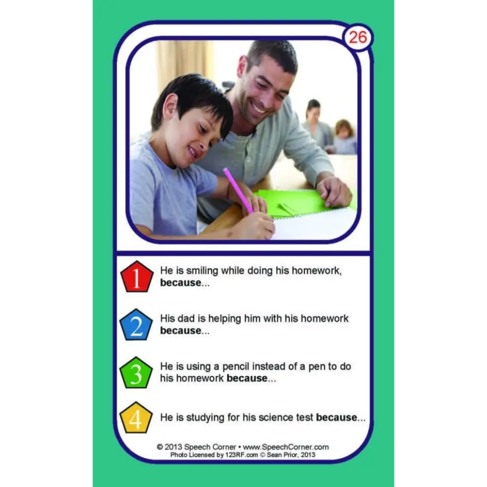 A speech therapy card featuring a photo of a man helping a child with homework, with four numbered statements below on a green background.