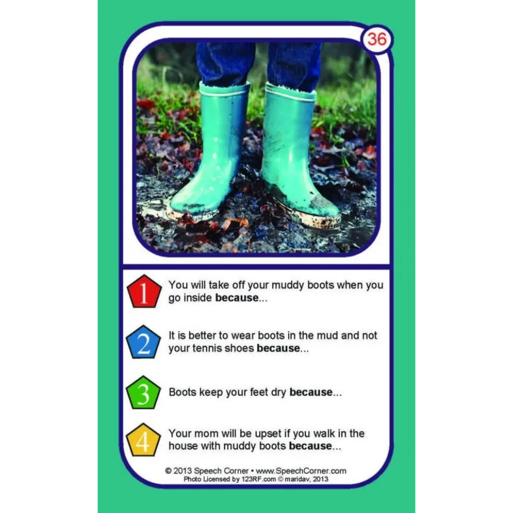 A speech therapy card featuring a photo of muddy green rain boots, with four humorous facts about wearing boots in the mud printed below on a green card background.