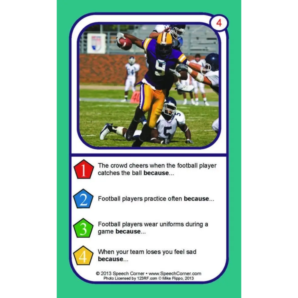 A speech therapy card featuring a football player in a purple and gold uniform tackling another player on a field, with four educational text prompts below on a green card background.
