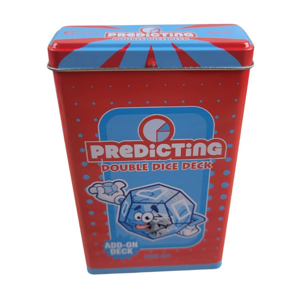 A red and blue metal tin box for the 'Predicting Double Dice Deck' add-on deck, featuring a cartoon die illustration on the front, set against a plain white background.