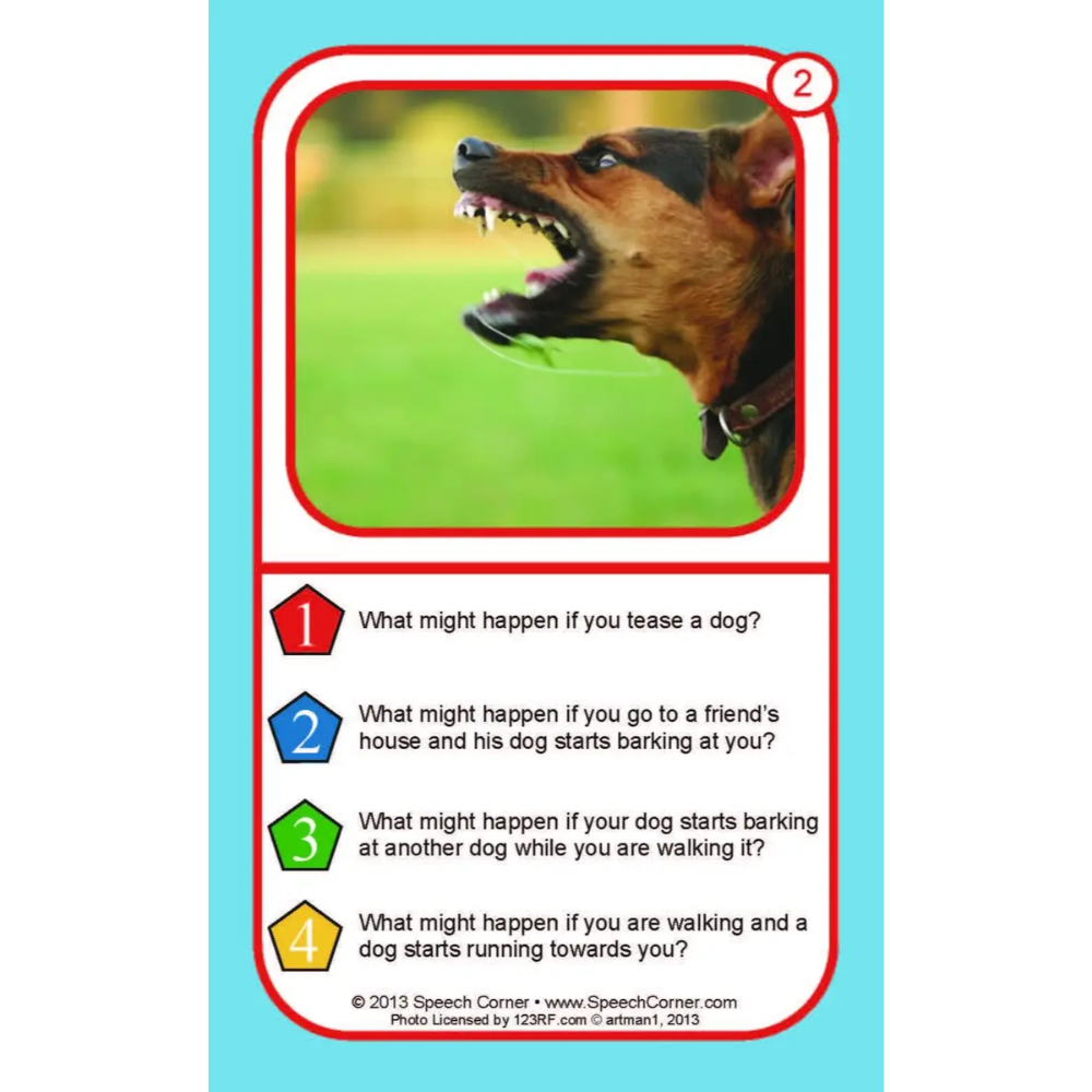 A printed educational card with a turquoise border, a red-bordered photo of a barking dog, and four numbered safety questions about dogs. The card is photographed against a white background.