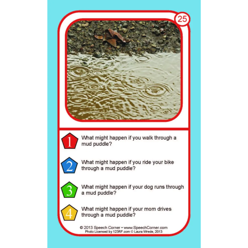 A printed educational card with a light blue border, a small photo of rain on wet mud at the top, and four numbered questions about mud puddles with color-coded numbered icons below.