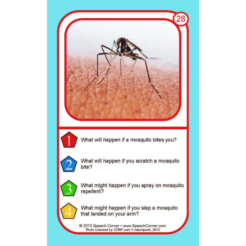 A speech therapy card featuring a mosquito bite demonstration photo at the top and four numbered questions about mosquito bite reactions and repellent spray, on a light blue background.