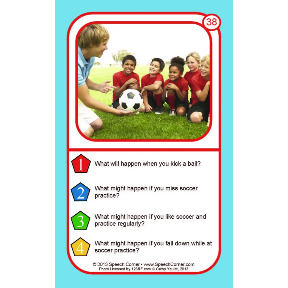 An educational speech therapy card featuring a photo of children playing soccer with a coach, followed by five numbered questions about soccer starting with 'What might happen if.