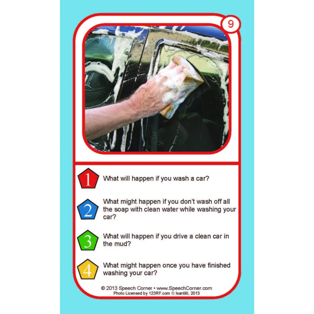An educational speech-language therapy card featuring a photo of a hand washing a car with soap and water, followed by four numbered questions about the consequences of washing a car improperly.