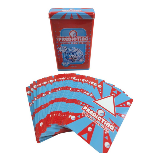 A red and blue tin of Predicting Double Fools Cards with a fan of the cards displayed in front on a white background.