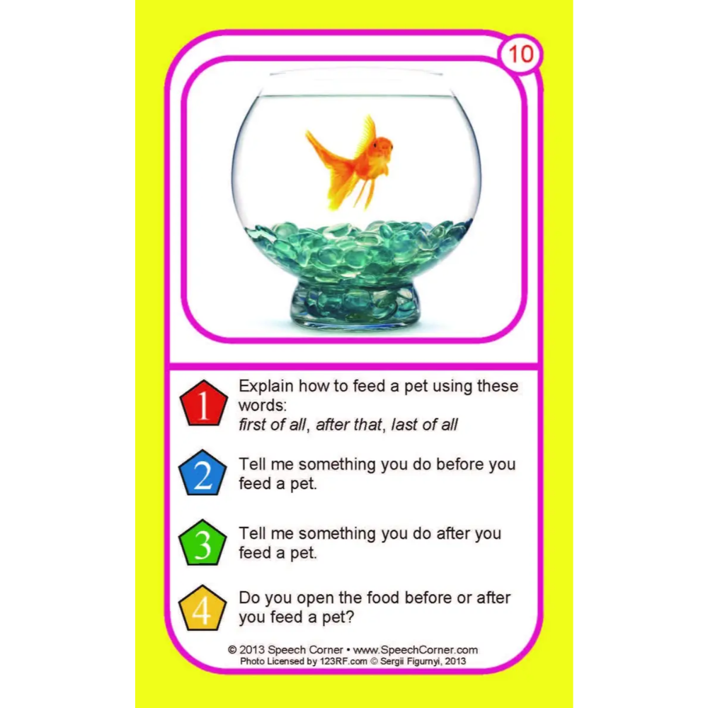 A speech therapy card featuring a goldfish in a bowl on a white background with a pink border, set against a bright yellow card with numbered prompts for explaining pet feeding.