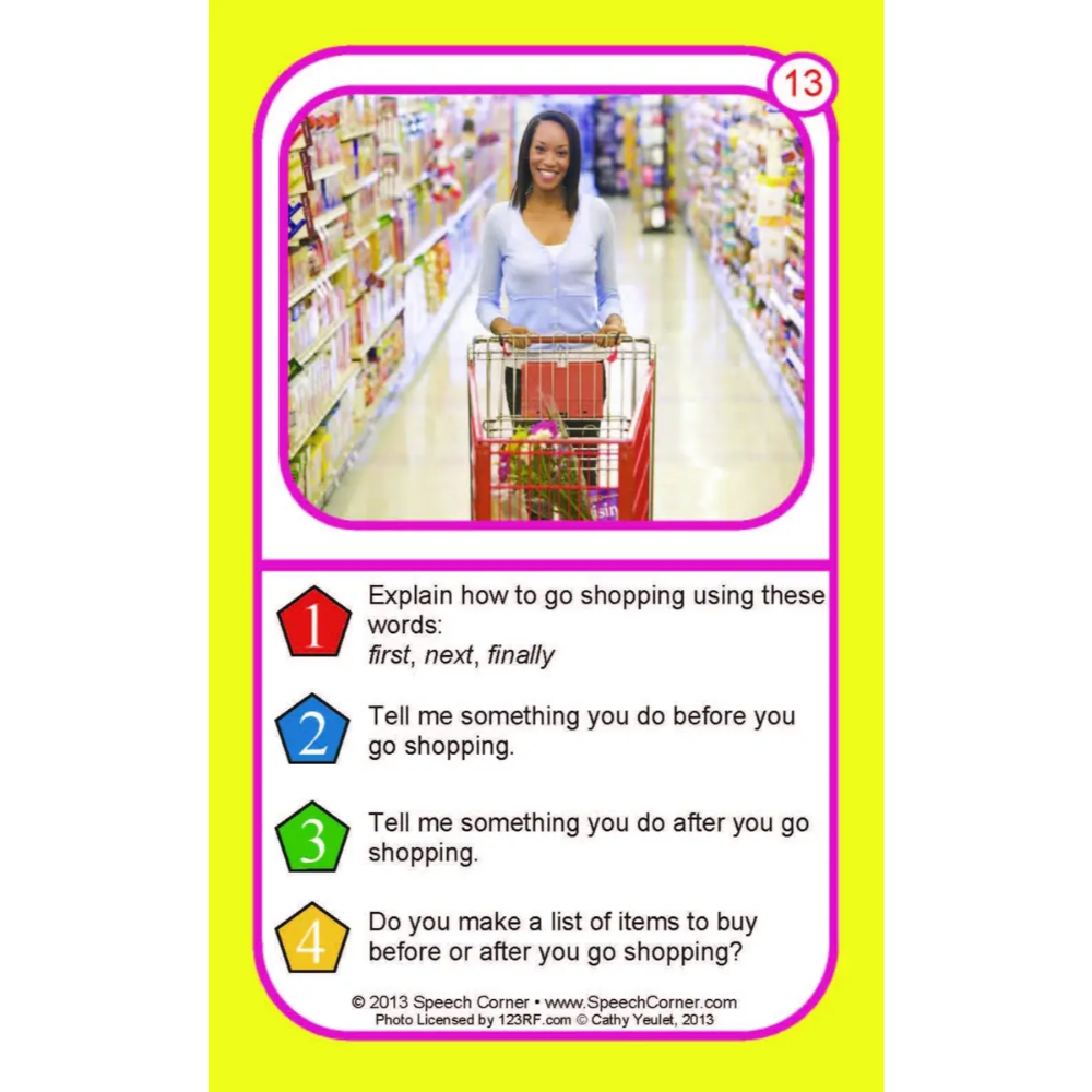 An educational speech therapy card featuring a photo of a woman shopping in a supermarket with a cart, followed by four numbered prompts about shopping steps and lists, set against a bright yellow background with a pink border.