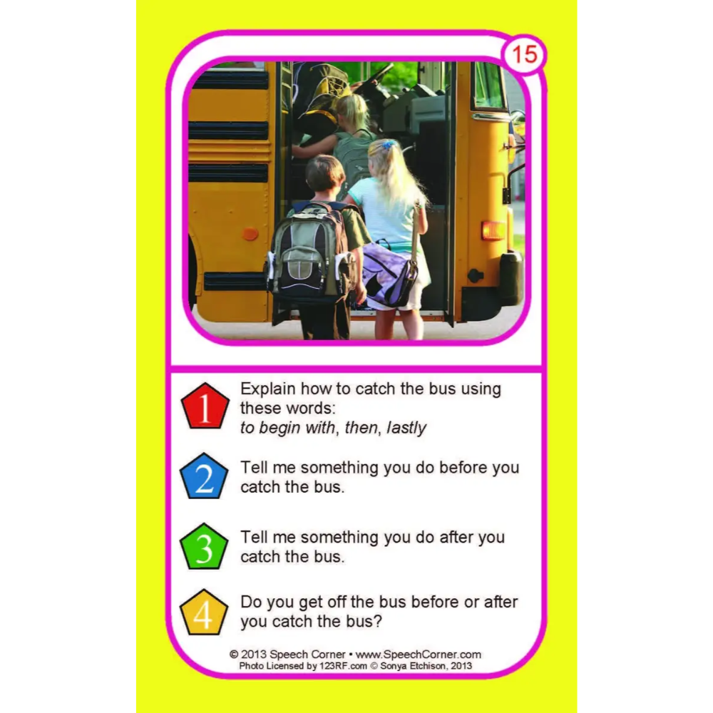 A colorful educational speech card from Speech Corner, featuring a photo of children boarding a yellow school bus and four numbered prompts about describing actions with the words begin with, then, and finally.
