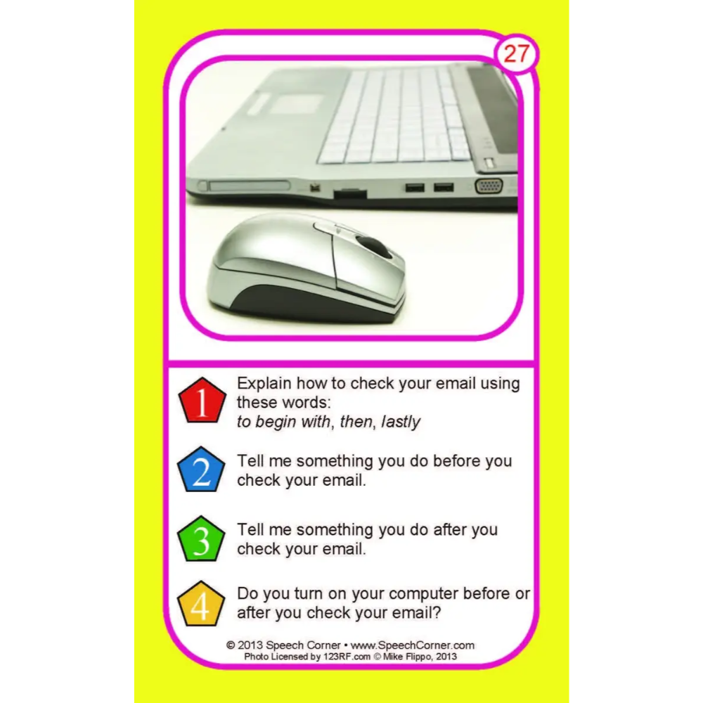 A printed instructional card with a bright yellow background, a pink rounded border around a photo of a laptop and mouse, and numbered steps explaining how to check email using specific words.