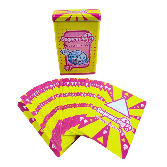 A boxed deck of Sequencing? Double Dice Odds cards with a fanned-out display of the cards below, on a plain white background.
