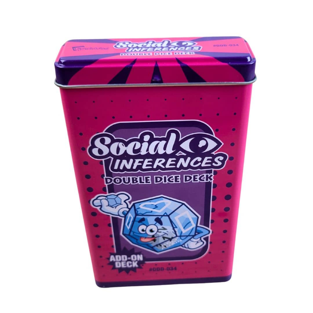 Social Inferences Double Dice Deck in a bright pink metal tin with purple accents and a cartoon ice cube character on the front, isolated on a white background.