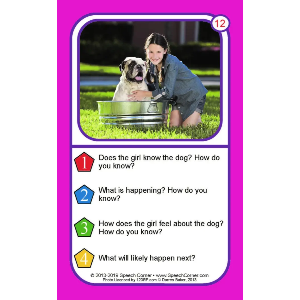 A speech therapy card featuring a bright pink border and a central photo of a girl kneeling in a metal tub with a dog on grass. Below the photo are four numbered comprehension questions with colored icons: red, blue, green, and yellow.