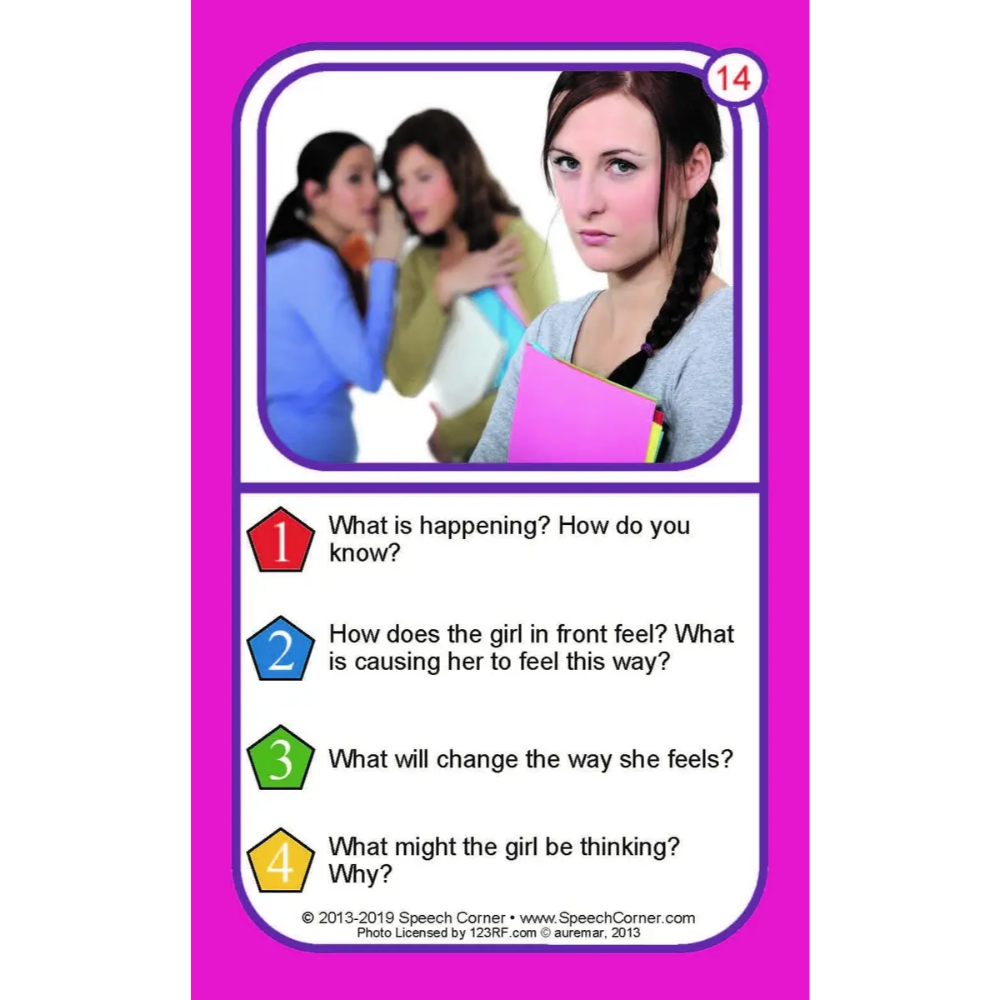 A printed card or worksheet with a bright pink border and a central photo of a girl holding a pink folder, followed by four numbered reflective questions about the girl's feelings and thoughts. Visible text at the bottom reads Speech Corner.