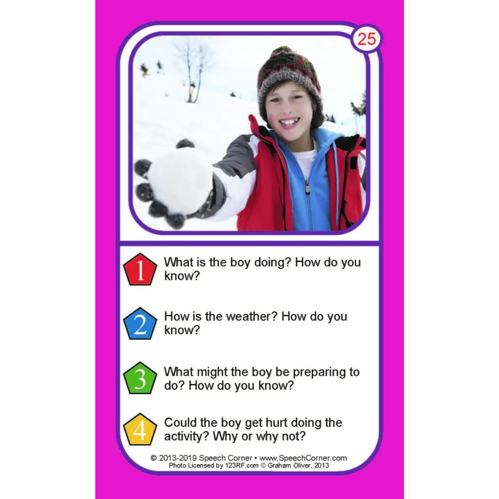 A single educational speech-language therapy card featuring a photo of a boy in a snowy outdoor scene at the top and four numbered comprehension questions below, set against a bright magenta background.