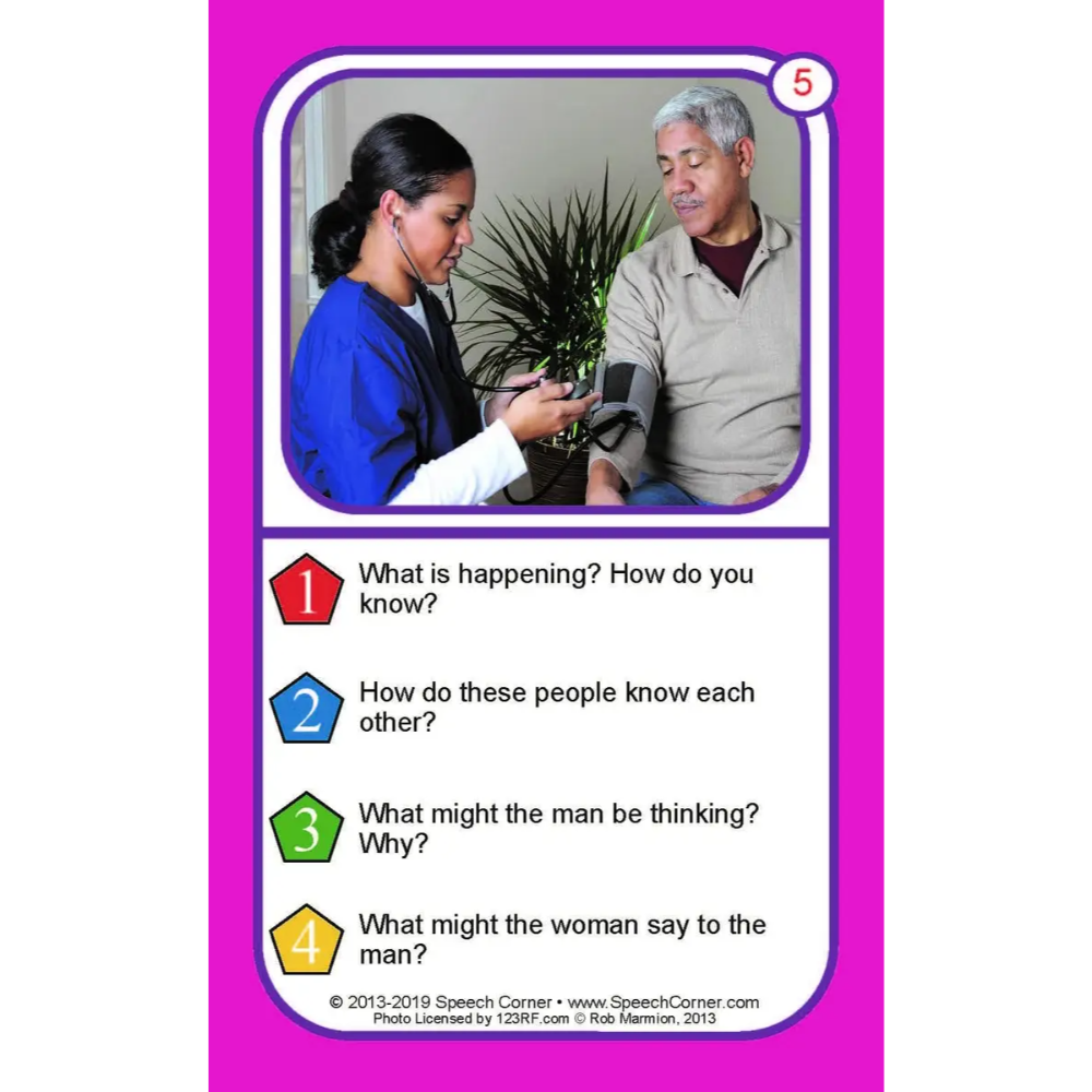 A printed card with a bright pink border and a central photo of a caregiver checking a man's blood pressure. Below the photo are four numbered questions in red, blue, green, and yellow shapes: 'What is happening? How do you know?', 'How do these people know each other?', 'What might the man be thinking? Why?', and 'What might the woman say to the man?'.
