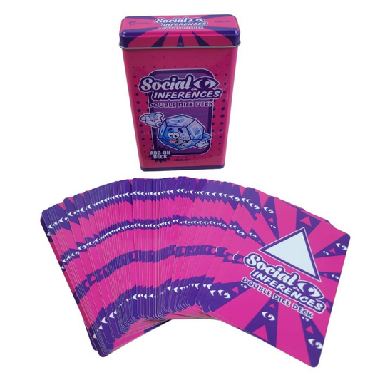 A pink and purple deck of cards labeled 'Social Inferences Double Dice Deck' shown with its matching tin box on a plain white background.