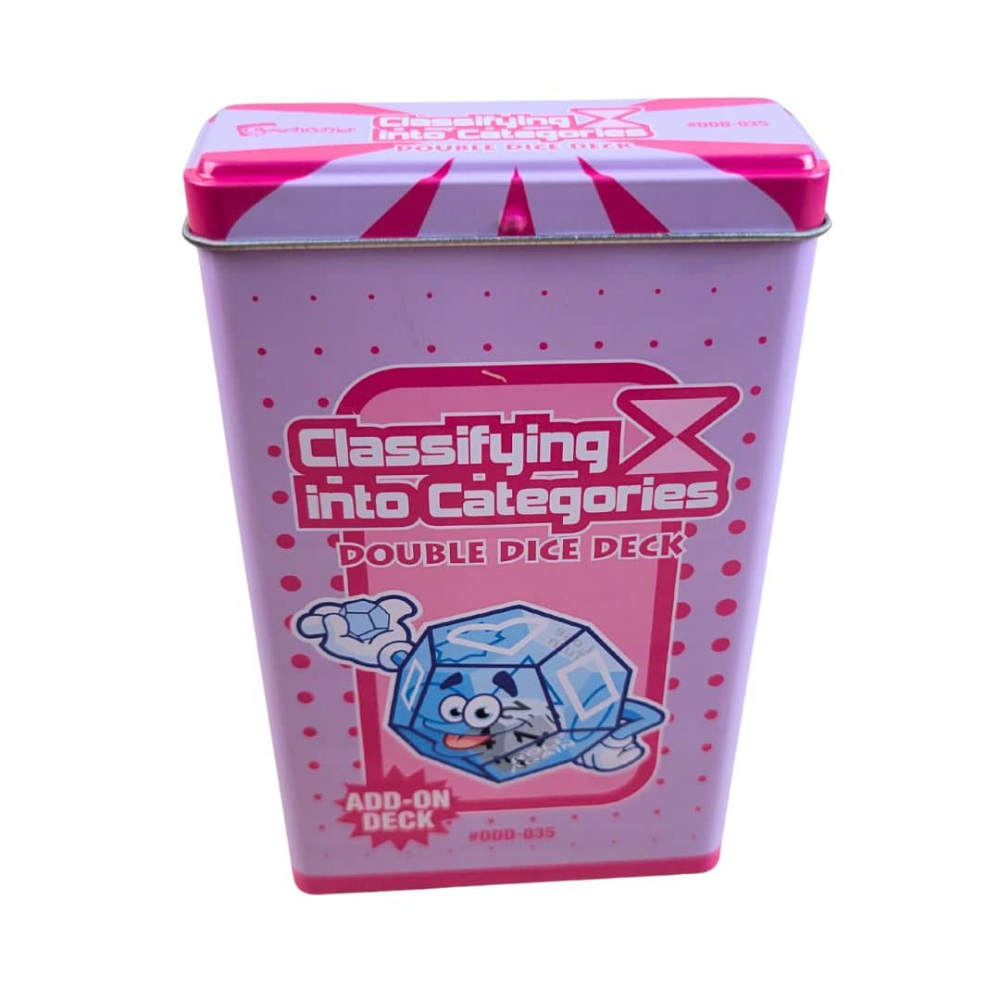 A pink metal tin for the 'Classifying into Categories Double Dice Deck' add-on deck, featuring a cartoon ice cube character on the front against a white background.