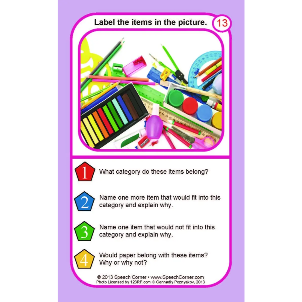 A speech therapy card titled 'Label the items in the picture.' with a purple border, a central photo of colorful school supplies, and four numbered text prompts for categorization and explanation.