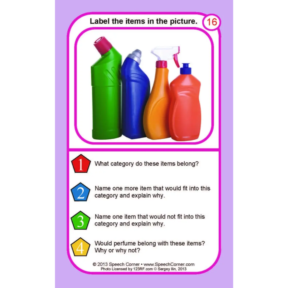 A speech therapy card titled 'Label the items in the picture.' featuring four colorful cleaning bottle illustrations (green, blue, orange, and red) with numbered questions below on a light purple background.