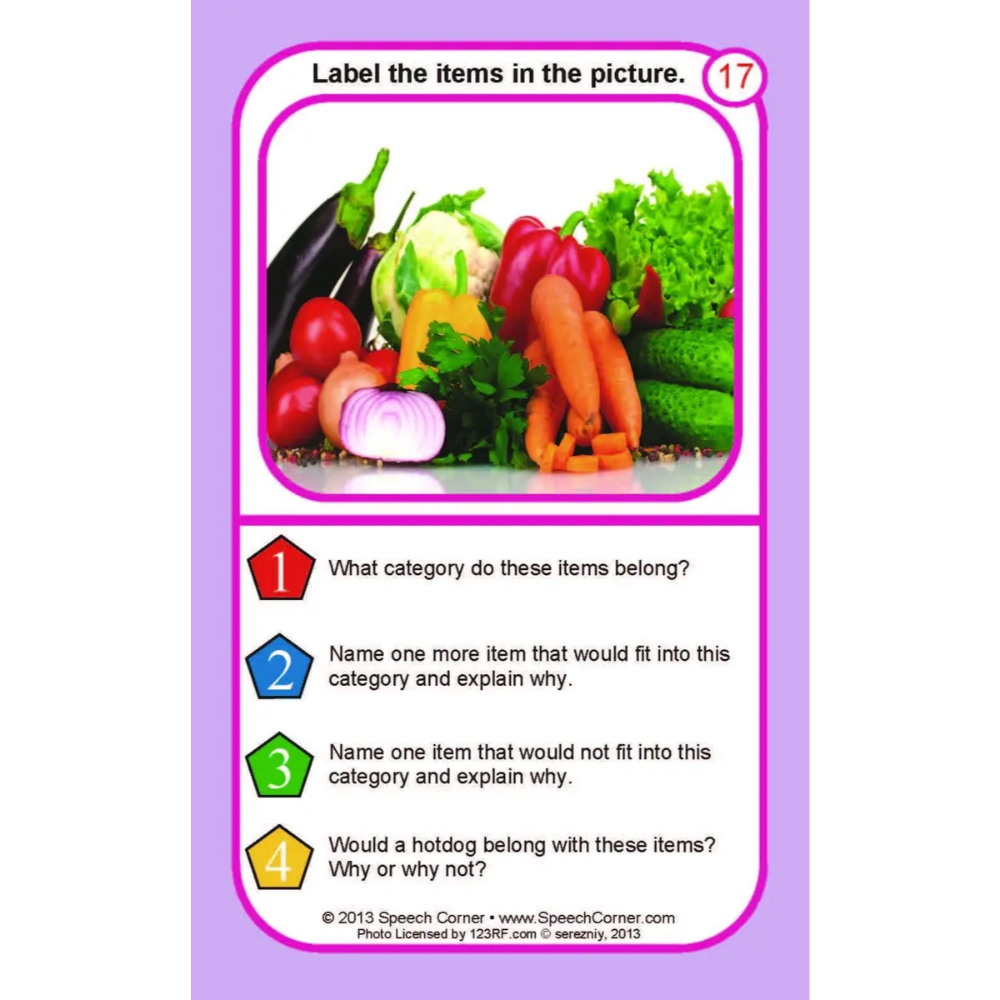 A purple educational card with a colorful photo of fresh vegetables and four numbered text prompts about food categories, including 'Label the items in the picture.'.