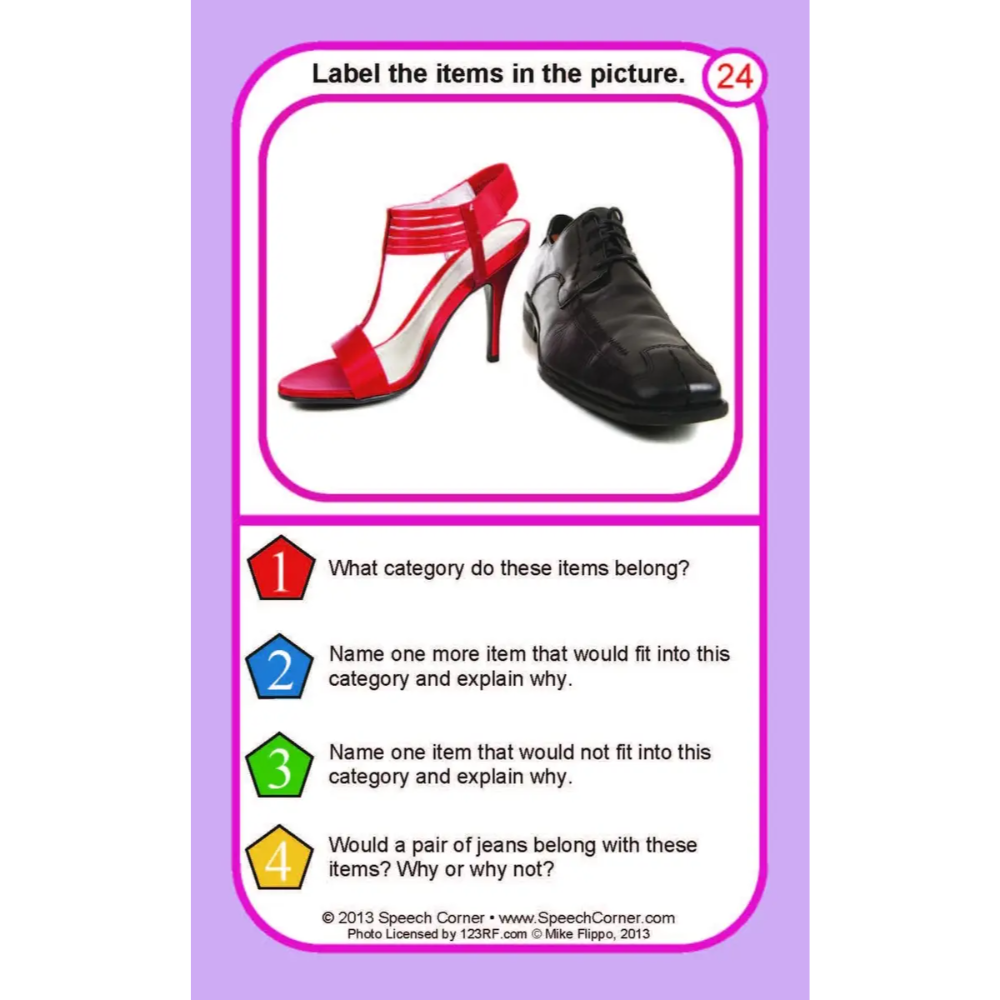 A speech therapy card titled 'Label the items in the picture' featuring a red high-heeled slingback shoe and a black dress shoe, with five numbered response questions below on a light purple card background.