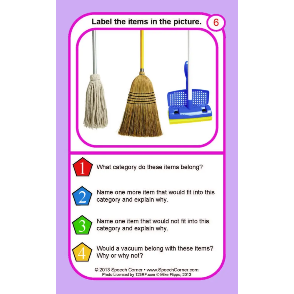A purple educational card titled 'Label the items in the picture' featuring cleaning tools: a beige string broom, a brown broom, and a blue dustpan. The card includes four numbered questions about the items and a copyright notice for Speech Corner.