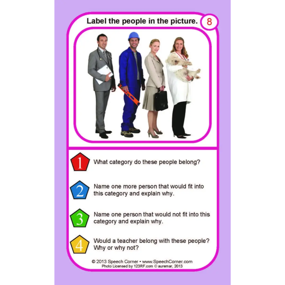 A speech therapy card titled 'Label the people in the picture' with a photo of four people and four numbered prompts below, set against a light purple background.