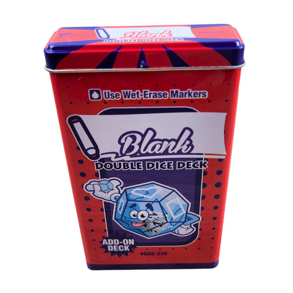A red metal tin packaging for the Blank Double Dice Deck, featuring a blue cartoon die character and text indicating it includes an add-on deck and wet-erase markers.