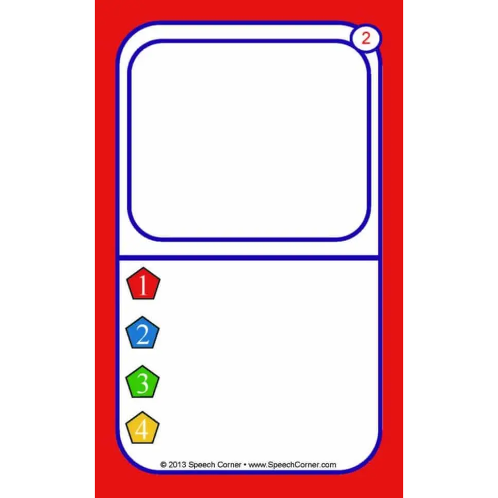 A red and white speech therapy card or board with blue border lines, numbered slots 1 through 4 in red, blue, green, and yellow pentagons, and a blank white area at the top labeled with a small circle containing the number 2.