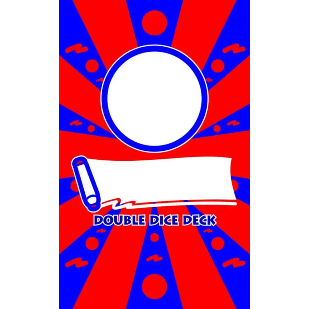 A double dice deck box or label design with a red and blue sunburst background, a large blank white oval at the top, a blank white banner in the middle, and the text 'DOUBLE DICE DECK' at the bottom.