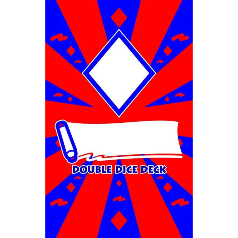 A double dice deck box or card package design with a bold red and blue sunburst background, a large white diamond outline near the top, a blank white banner in the center, and the text 'DOUBLE DICE DECK' at the bottom.