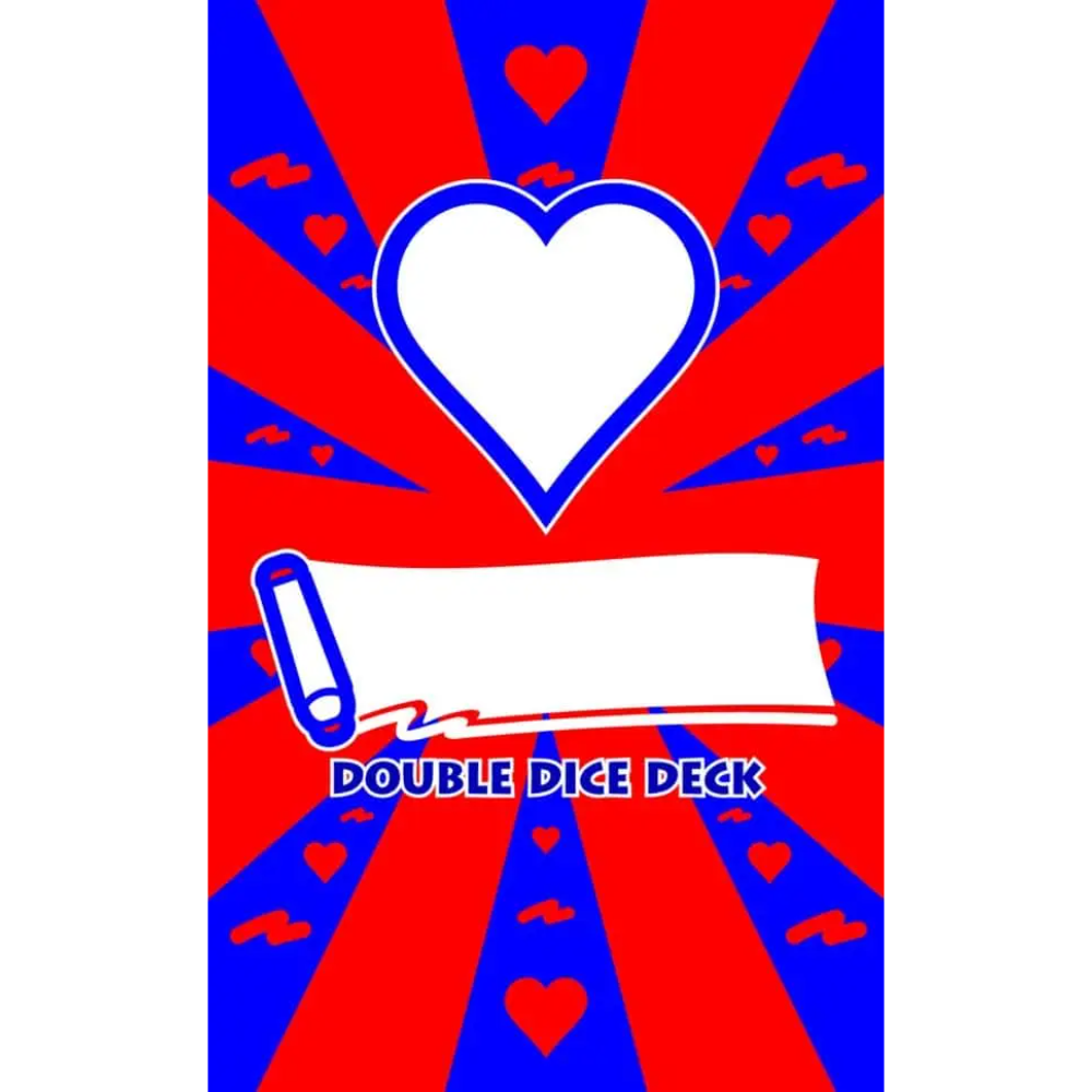A double dice deck card or packaging graphic with a red and blue sunburst background, a large white heart outlined in blue, a blank white scroll, and the text 'DOUBLE DICE DECK' in blue.