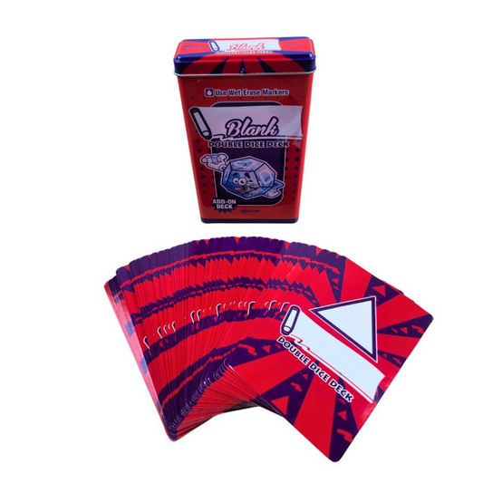 A red and purple deck of double face cards with a matching metal tin box, displayed on a clean white background.