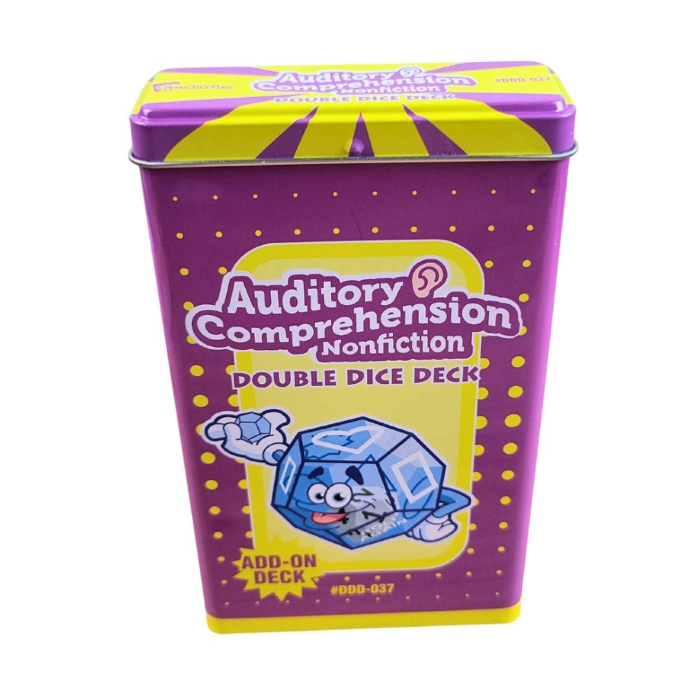 Auditory Comprehension Nonfiction Double Dice Deck tin box, featuring a purple and yellow design with a cartoon blue die character on the front.