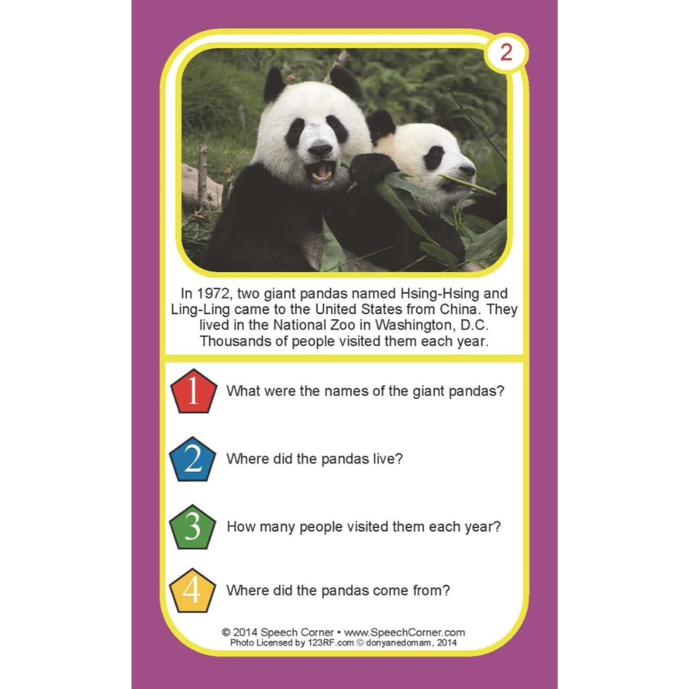 A speech therapy educational card featuring giant pandas. The card has a purple border, a yellow inner border, and a central photo of two giant pandas.