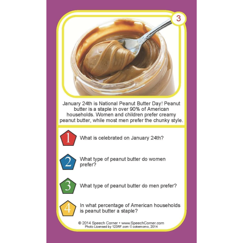 An educational trivia card about National Peanut Butter Day, featuring a purple border, a central yellow-bordered image of peanut butter in a jar, and four multiple-choice questions with colored numbered labels.