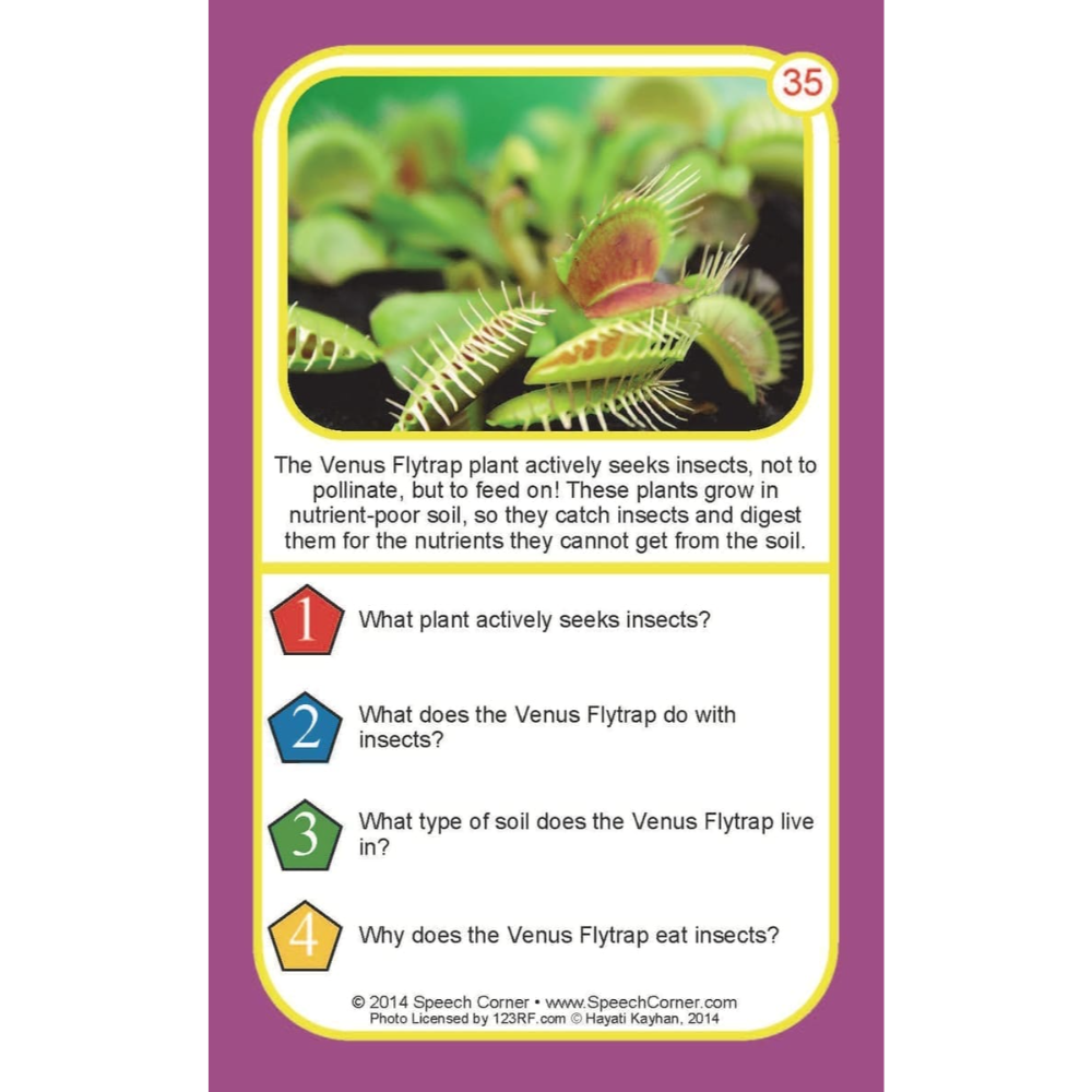 An educational speech-language learning card about the Venus Flytrap plant, featuring a purple border, a central photo of green carnivorous traps, and a question section with numbered prompts on a white background.