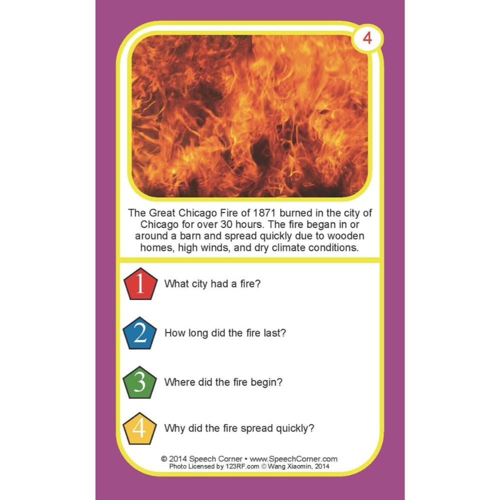 A speech therapy card featuring the Great Chicago Fire of 1871. The card has a purple border, a yellow inner border, and a central image of orange and yellow flames.