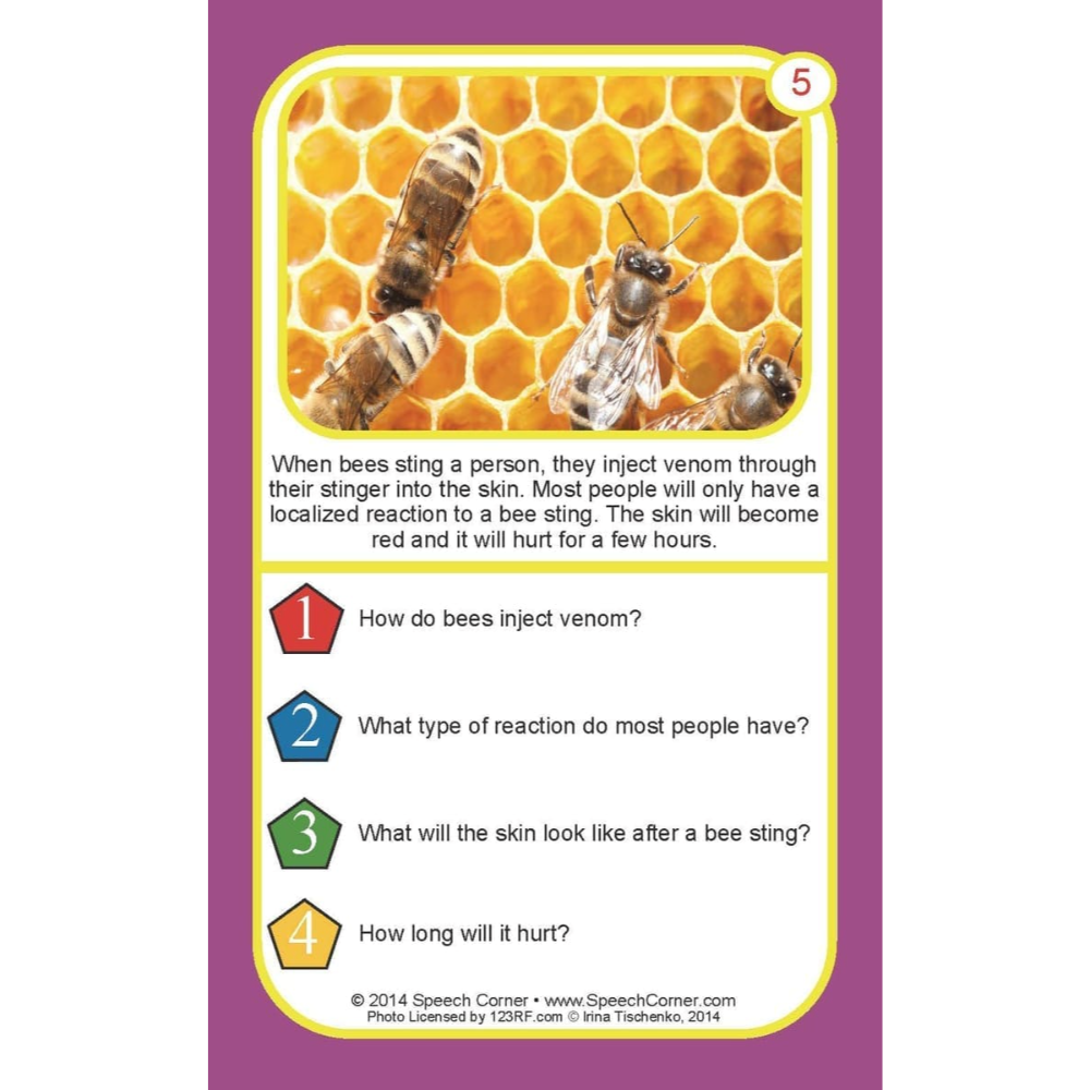 An educational card about bee stings, featuring a yellow honeycomb illustration with bees at the top, a purple border, and text explaining the venom injection process and reaction symptoms.