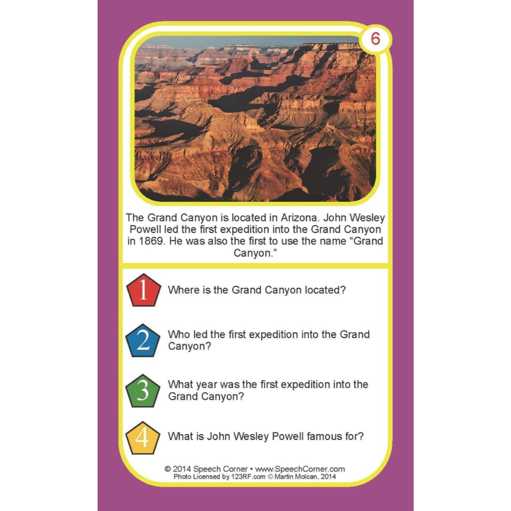A speech therapy game card featuring a picture of the Grand Canyon with a purple border and a yellow inner border. The card contains educational text and multiple-choice questions numbered 1 through 4 with red, blue, green, and yellow icons.
