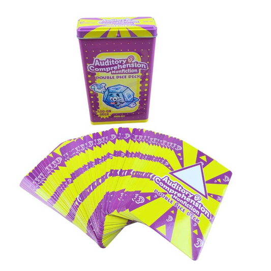Auditory Comprehension Double Dice Deck in a purple tin box with a fanned-out display of the colorful yellow and purple cards below, on a white background.