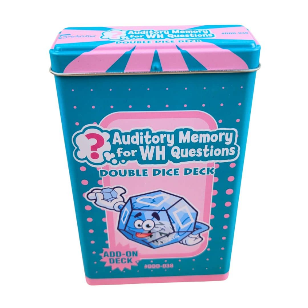 A blue and pink metal tin box for the 'Auditory Memory for WH Questions Double Dice Deck' featuring a cartoon ice cube character on the front, set against a plain white background.