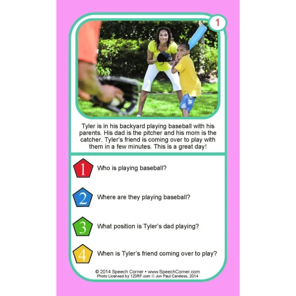A speech therapy card featuring a photo of a woman and child playing baseball outdoors, with text describing the scene and four multiple-choice questions about the activity. The card has a light blue border on a pink background.