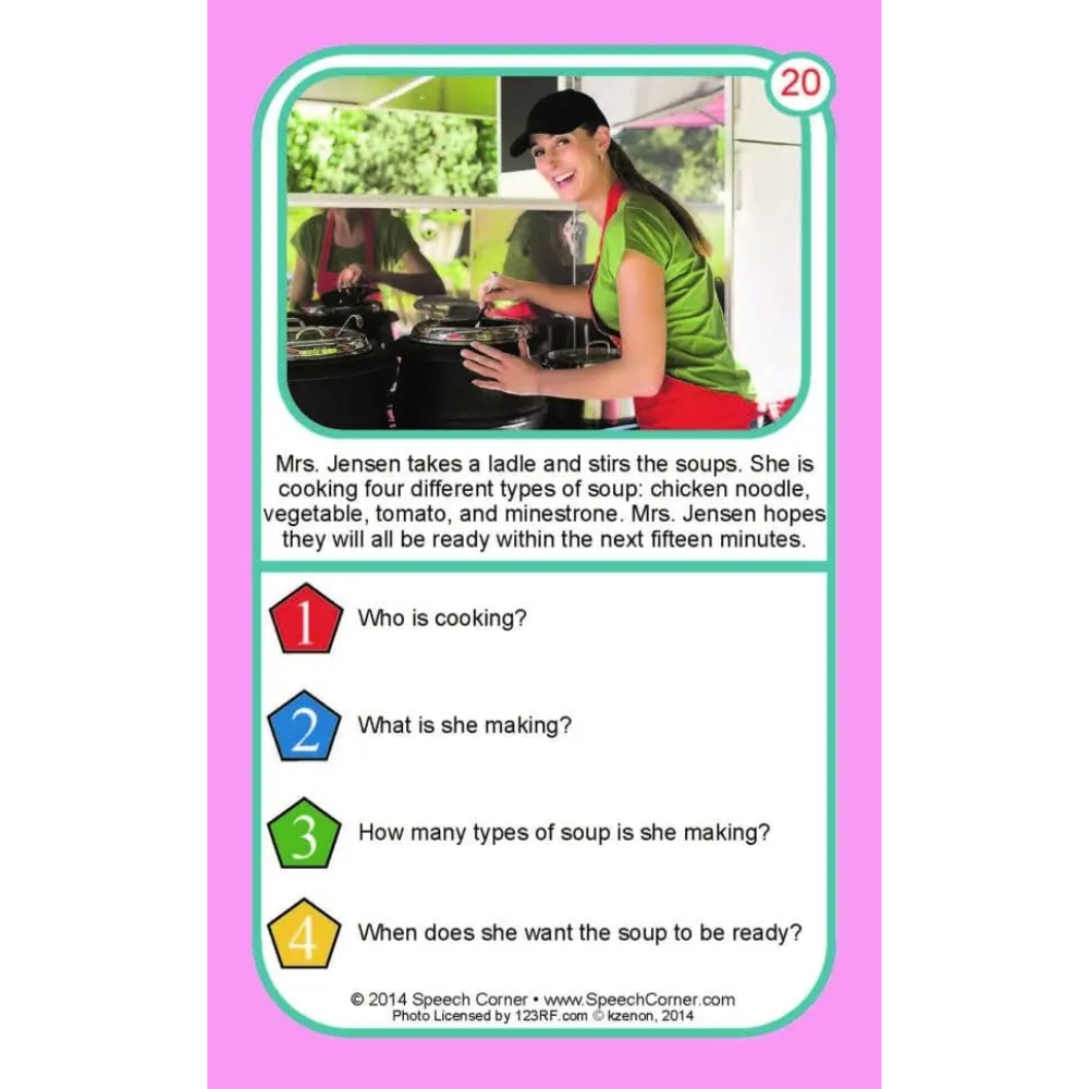 A speech therapy reading card featuring a photo of a woman cooking soups, with text about Mrs. Jensen and four question prompts, set against a pink background.