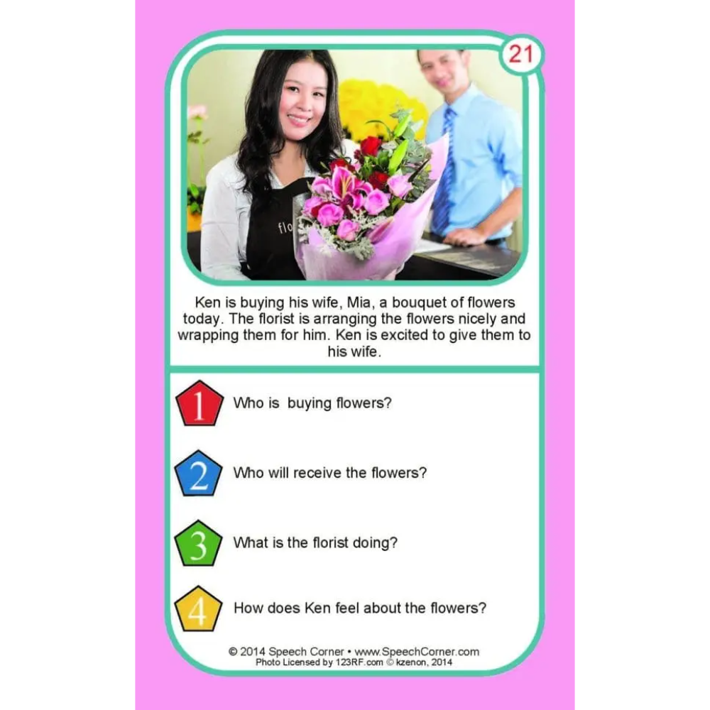A speech therapy card featuring a scenario about a man buying flowers for his wife. The card has a pink border, a teal inner border, and contains a photo of a couple with a bouquet of pink flowers, along with four numbered comprehension questions.